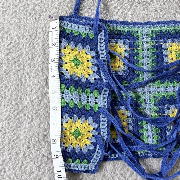 Zara Crochet Set Women Blue Yellow Small Granny Square Boho Festival Matching - Picture 12 of 16